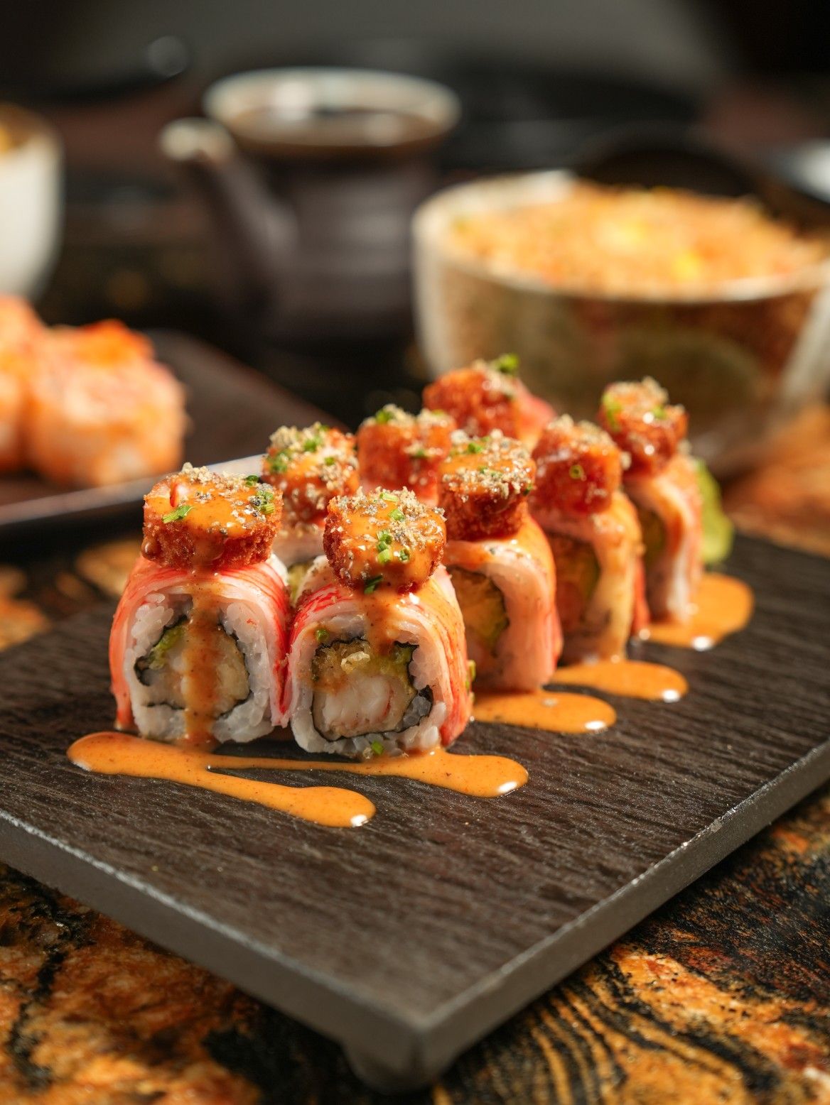 Sushi rolls on a tray